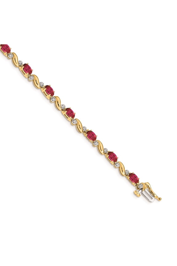 Real 14kt Yellow Gold Diamond and Ruby Chain Bracelet; 7 inch; for Adults and Teens; for Women and Men