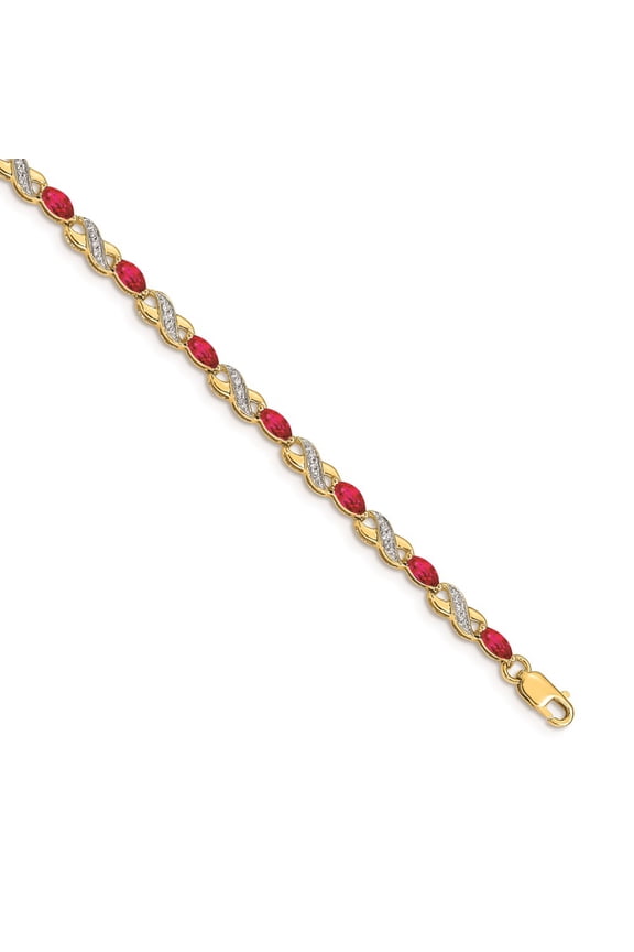 Real 14kt Yellow Gold Diamond and Ruby Infinity Chain Bracelet; 7 inch; Lobster Clasp; for Adults and Teens; for Women and Men