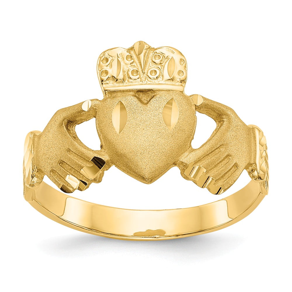DISCOUNT JEWELERS Real 14kt Yellow Gold Diamond-cut Claddagh Ring Size: 10; for Adults and Teens; for Women and Men