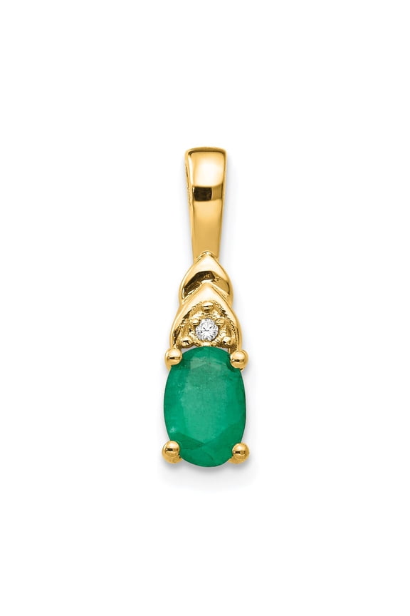Real 14kt Yellow Gold Emerald and Diamond Pendant; for Adults and Teens; for Women and Men