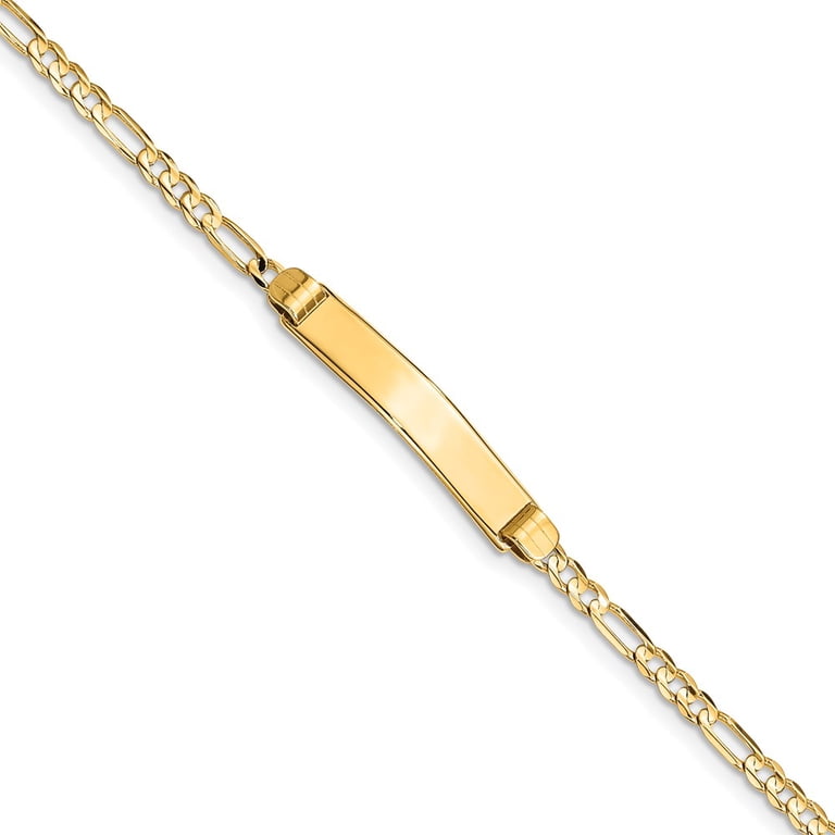 Real 14kt Yellow Gold Figaro ID Chain Bracelet; 7 inch; Lobster 
