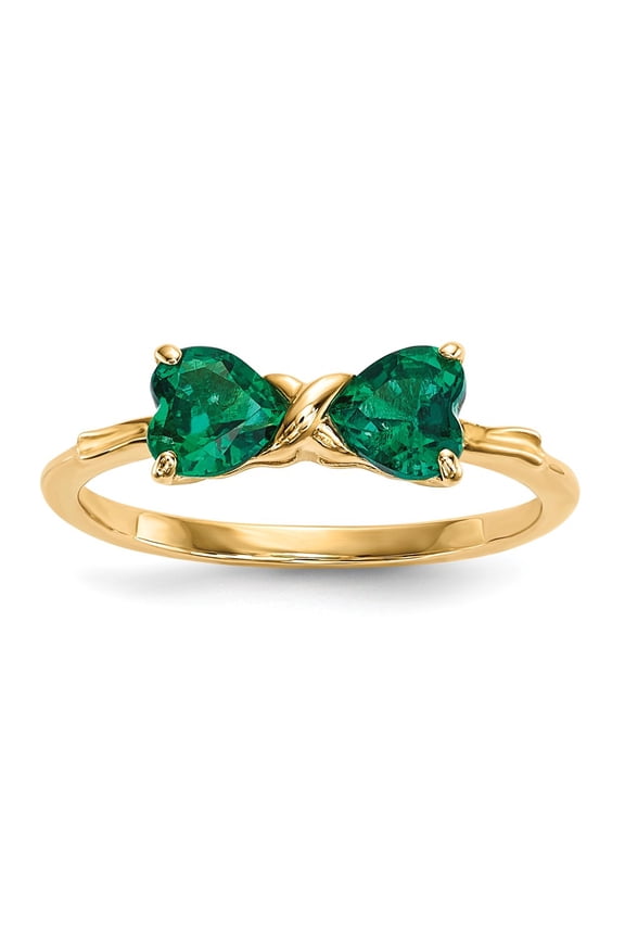 Real 14kt Yellow Gold Gold Polished Created Emerald Bow Ring Size: 7; for Adults and Teens; for Women and Men
