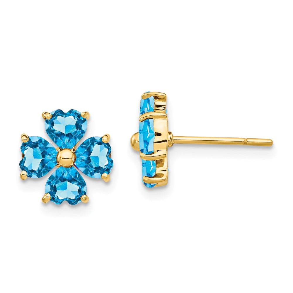 Real 14kt Yellow Gold Heart-shaped Swiss Blue Topaz Flower Post Earrings; for Adults and Teens; for Women and Men
