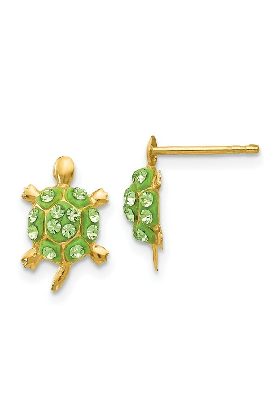 Real 14kt Yellow Gold Light Green Crystal Turtle Post Earrings; for Adults and Teens; for Women and Men