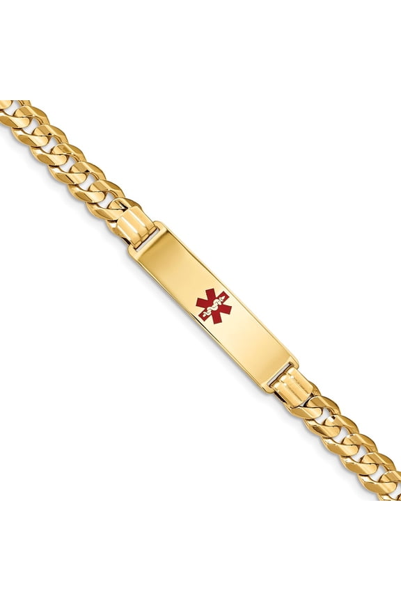 Real 14kt Yellow Gold Medical Red Enamel Curb ID Chain Bracelet; 8 inch; Lobster Clasp; for Adults and Teens; for Women and Men