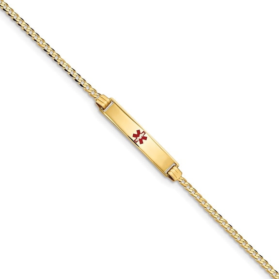 Real 14kt Yellow Gold Medical Red Enamel Curb Link ID Chain Bracelet; 7 inch; for Adults and Teens; for Women and Men