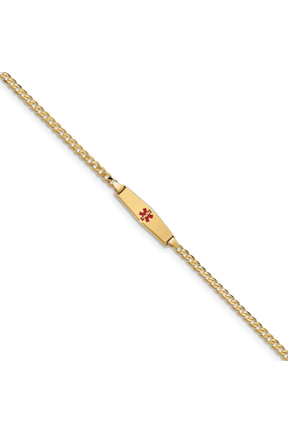 Real 14kt Yellow Gold Medical Soft Diamond Shape Red Enamel Curb Link ID Chain Bracelet; for Adults and Teens; for Women and Men