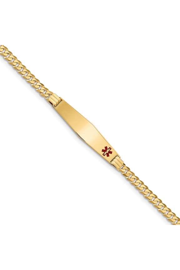 Real 14kt Yellow Gold Medical Soft Diamond Shape Red Enamel Curb Link ID Chain Bracelet; for Adults and Teens