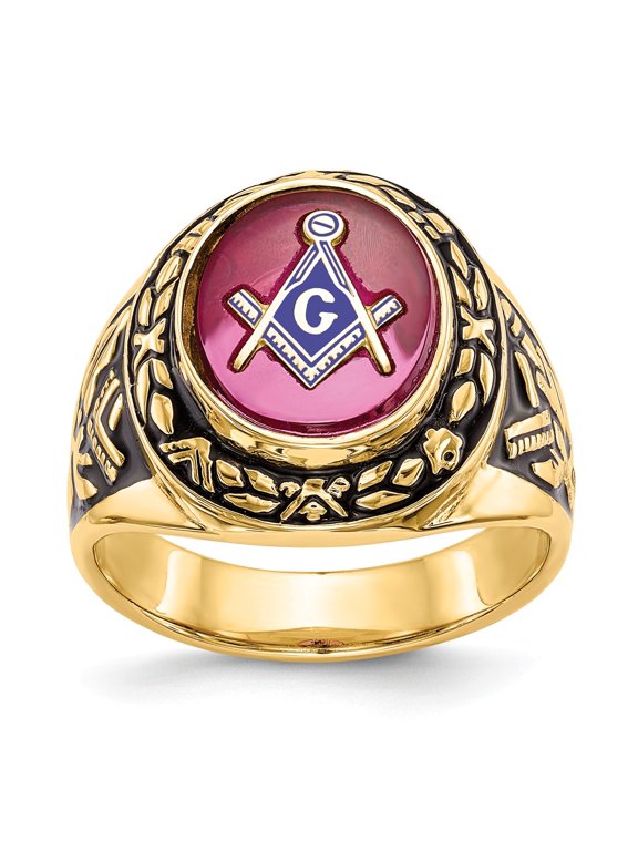 Real 14kt Yellow Gold Men's Synthetic Ruby Masonic Ring Size: 10; for Adults and Teens; for Women and Men