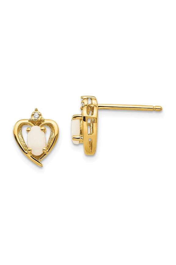 Real 14kt Yellow Gold Opal and Diamond Heart Earrings; for Adults and Teens; for Women and Men