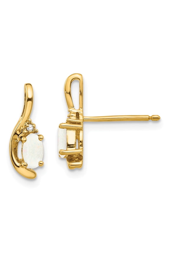 Real 14kt Yellow Gold Opal and Diamond Post Earrings; for Adults and Teens; for Women and Men