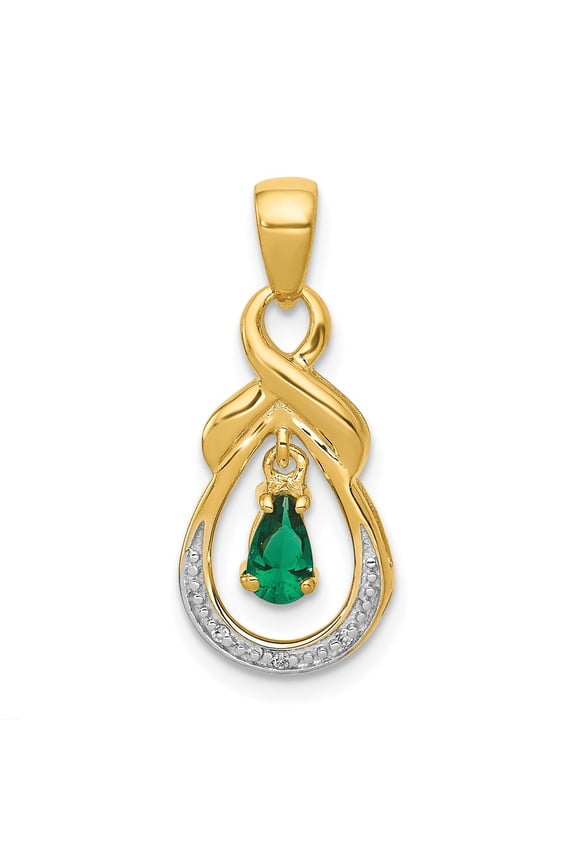 Real 14kt Yellow Gold Pear Emerald and Diamond Pendant; for Adults and Teens; for Women and Men