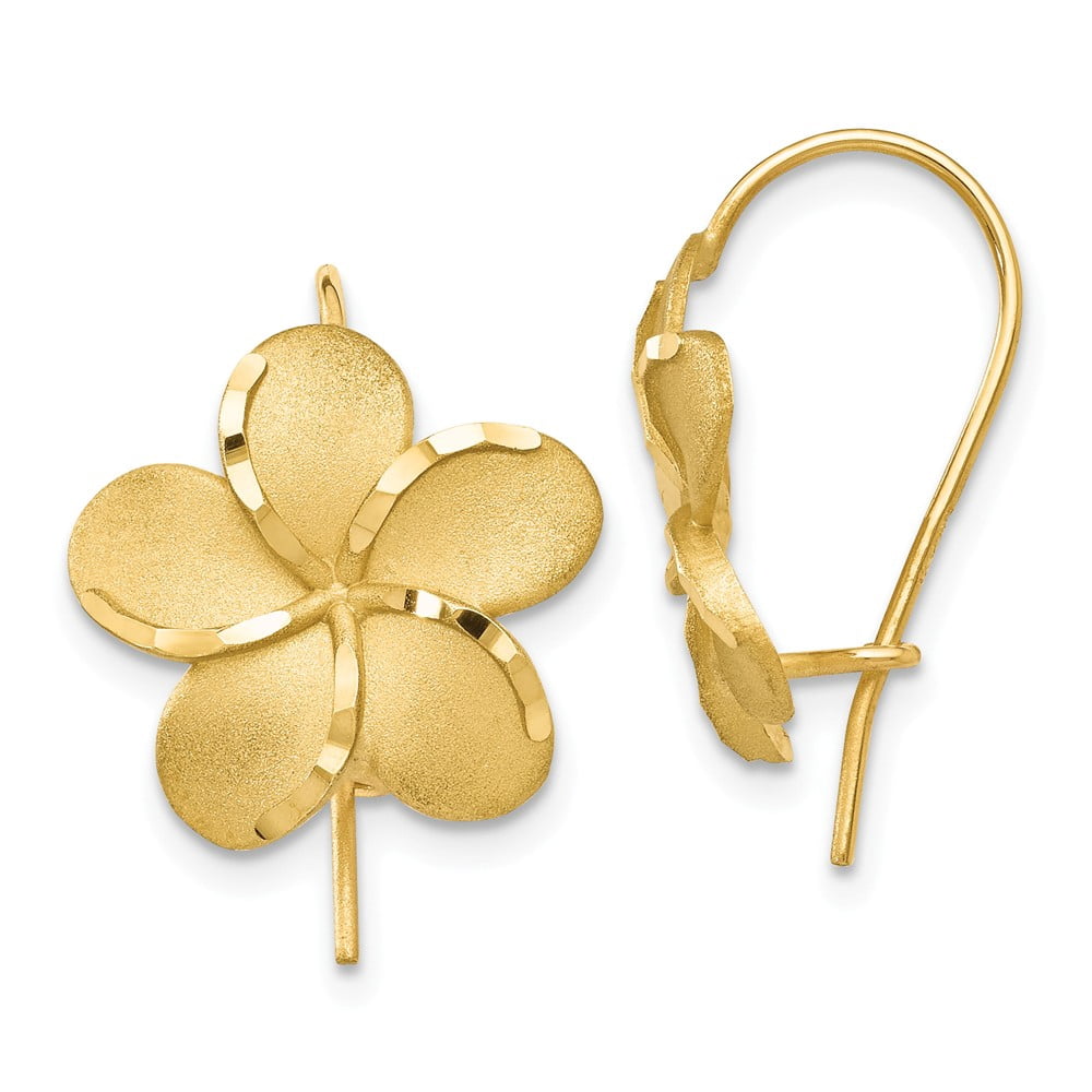 Real 14kt Yellow Gold Plumeria French Wire Earrings; for Adults and Teens; for Women and Men