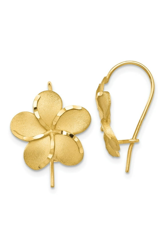 Real 14kt Yellow Gold Plumeria French Wire Earrings; for Adults and Teens; for Women and Men