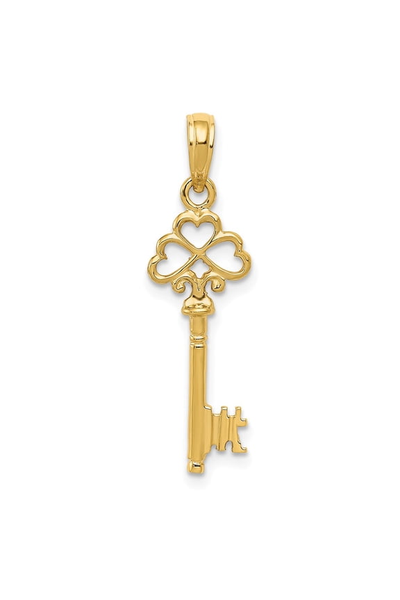 Real 14kt Yellow Gold Polished 3-D Hearts Key Charm Pendant; for Adults and Teens; for Women and Men