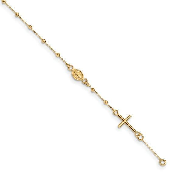Real 14kt Yellow Gold Polished 7.5in Cross Rosary Chain Bracelet; 6.5 inch; for Adults and Teens; for Women and Men