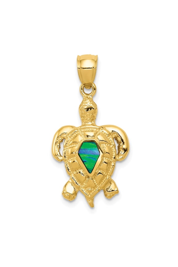 Real 14kt Yellow Gold Polished Created Blue Opal Turtle Pendant; for Adults and Teens; for Women and Men