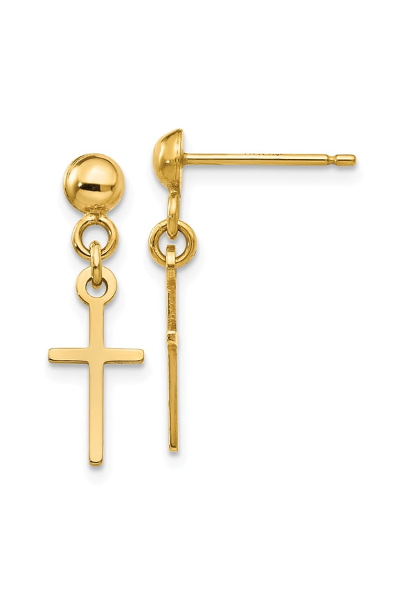 Real 14kt Yellow Gold Polished Cross Dangle Post Earrings; for Adults and Teens; for Women and Men