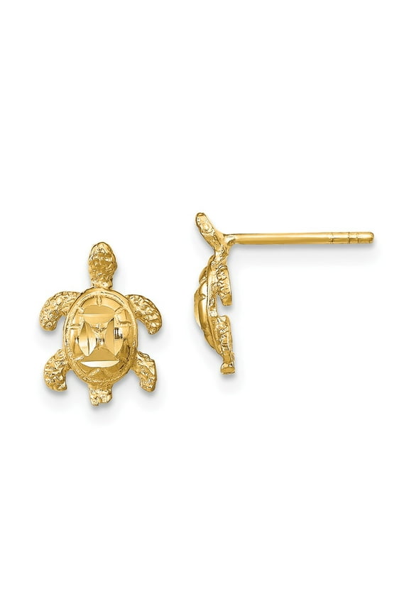 Real 14kt Yellow Gold Polished Diamond-cut Sea Turtle Post Earrings; for Adults and Teens; for Women and Men