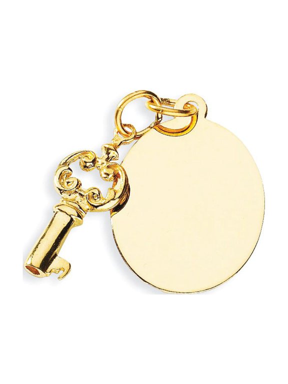 Real 14kt Yellow Gold Polished Engraveable Disc and Key Charm Pendant; for Adults and Teens; for Women and Men