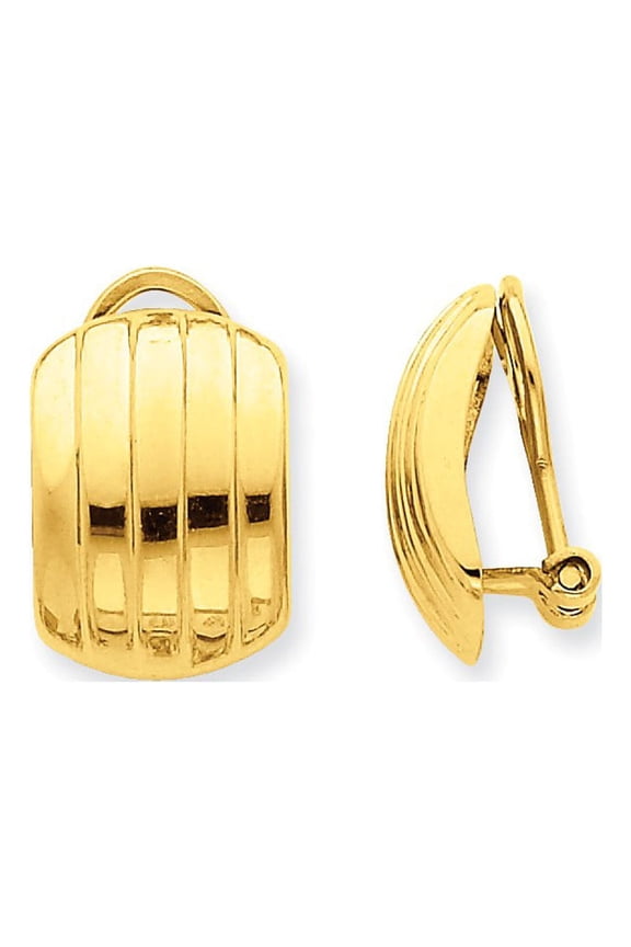 Real 14kt Yellow Gold Polished Ribbed Non-pierced Omega Back Earrings; for Adults and Teens; for Women and Men