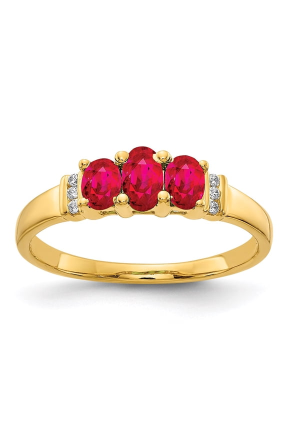 Real 14kt Yellow Gold Polished Triple Ruby and Diamond 3-stone Ring Size: 7; for Adults and Teens; for Women and Men