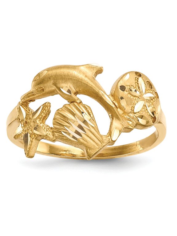 Real 14kt Yellow Gold Polished and Satin Diamond-cut Dolphin Starfish Shell Sand Dollar Ring Size: 7; for Adults and Teens; for Women and Men