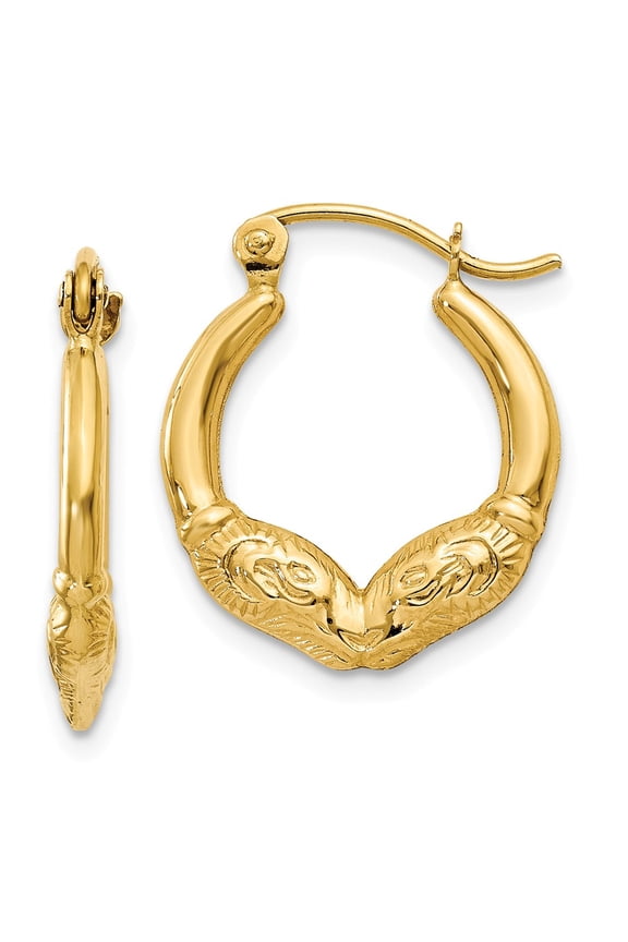 Real 14kt Yellow Gold Ram Head Hoop Earrings; for Adults and Teens; for Women and Men