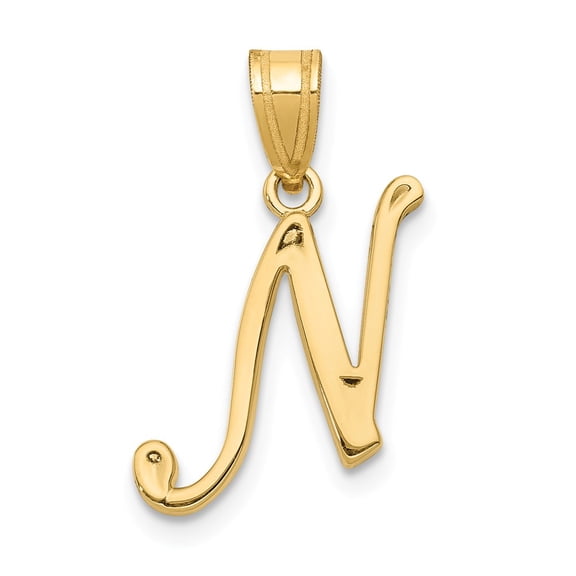 Real 14kt Yellow Gold Script Letter N Initial Pendant; for Adults and Teens