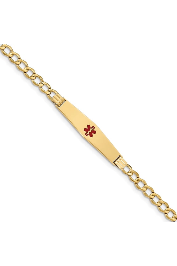 Real 14kt Yellow Gold Semi-Solid Medical Soft Diamond Shape Red Enamel Curb ID Chain Bracelet; for Adults and Teens; for Women and Men