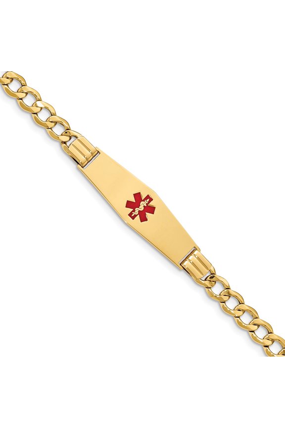 Real 14kt Yellow Gold Semi-solid Medical Soft Diamond Shape Red Enamel Curb Link ID Chain Bracelet; for Adults and Teens; for Women and Men