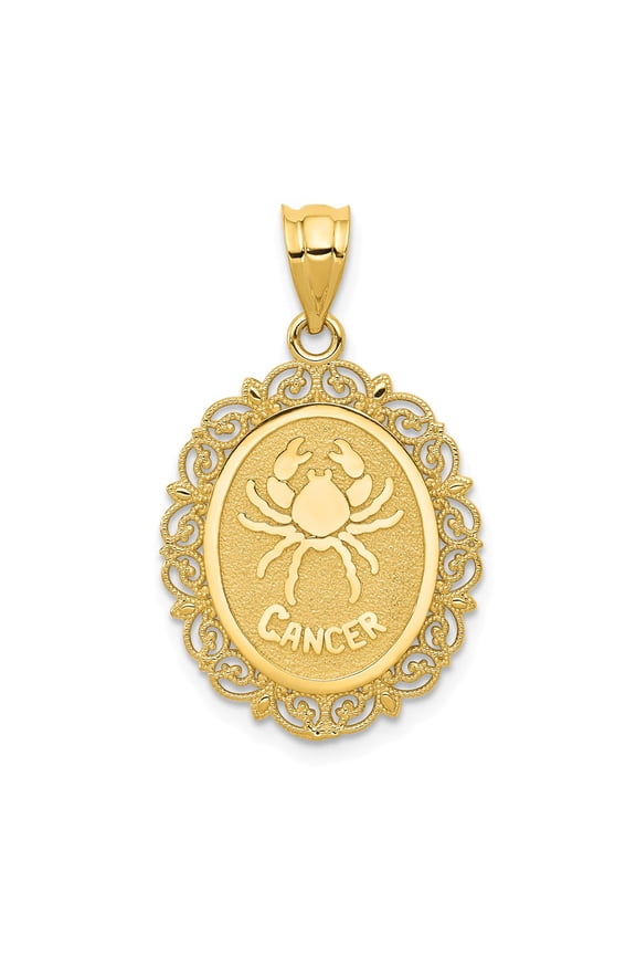 Real 14kt Yellow Gold Solid Satin Polished Cancer Zodiac Oval Pendant; for Adults and Teens; for Women and Men