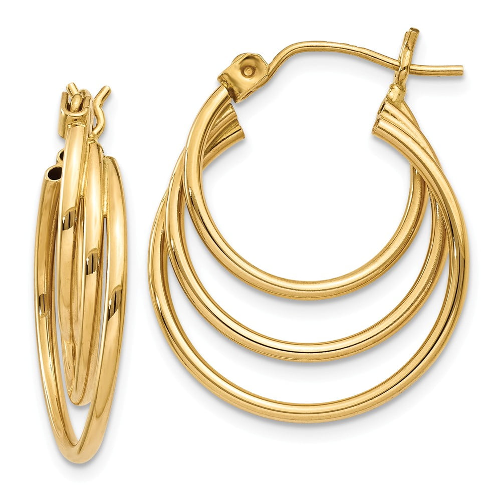 Real 14kt Yellow Gold Triple Hoop Earrings; for Adults and Teens; for Women and Men