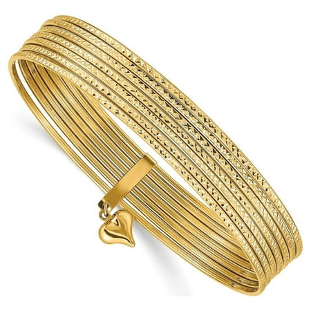 Real 14kt Yellow Gold With Dangle Heart Set of 7 Slip-on Textured Bangles; 8 inch; for Adults and Teens; for Women and Men