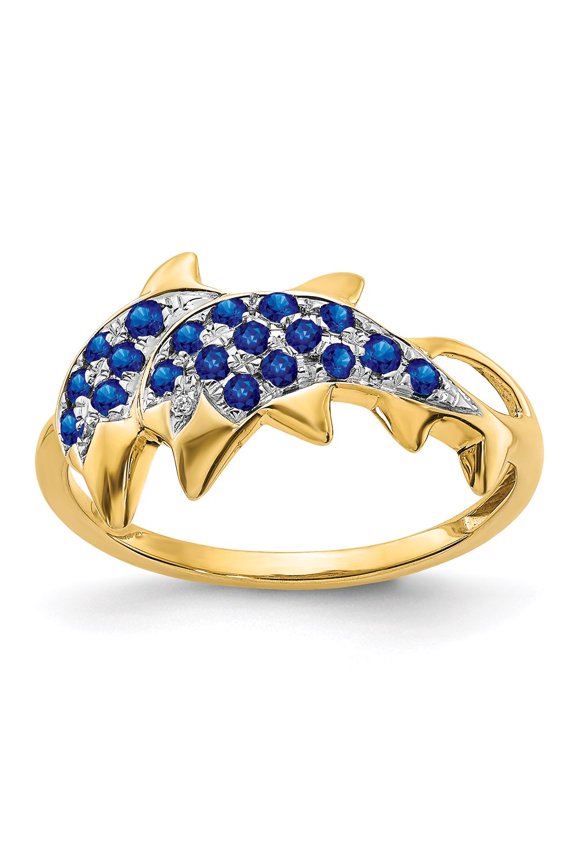 Real 14kt Yellow Gold With Rhodium Diamond and Sapphire Dolphins Ring Size: 7; for Adults and Teens; for Women and Men