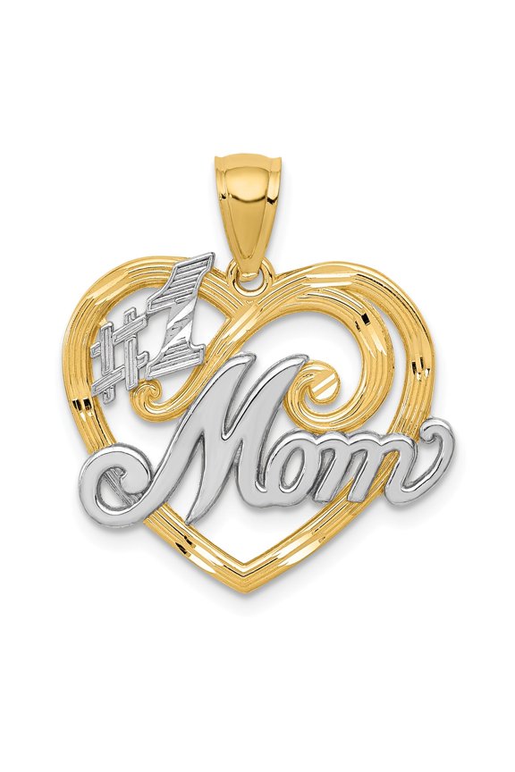 Real 14kt and Rhodium #1 MOM Heart Pendant; for Adults and Teens; for Women and Men