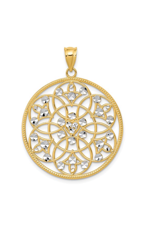 Real 14kt and Rhodium Diamond-cut Circle Pendant; for Adults and Teens; for Women and Men