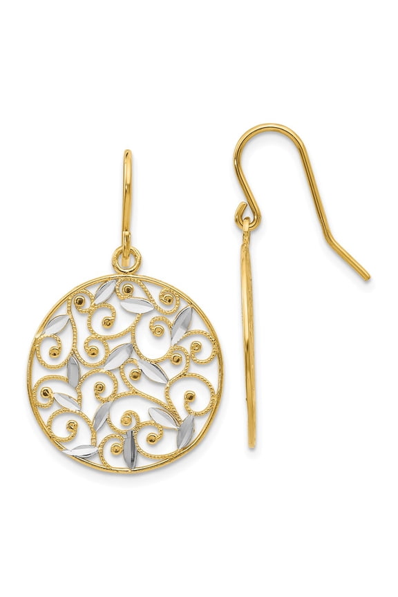 Real 14kt and Rhodium Diamond-cut Filigree Circle Wire Earrings; for Adults and Teens; for Women and Men