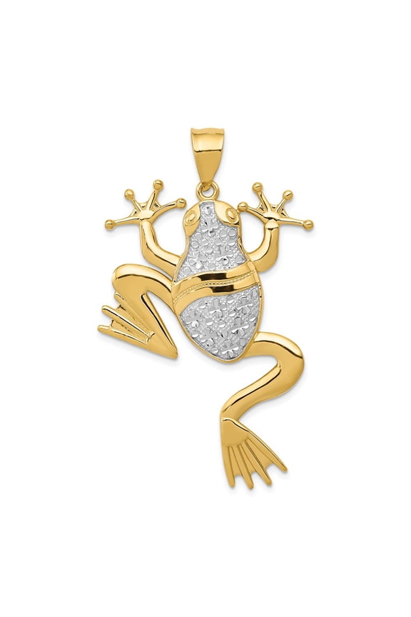 Real 14kt and Rhodium Diamond-cut Frog Pendant; for Adults and Teens; for Women and Men