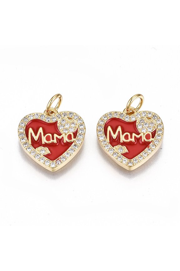 Real 16K golden Plated Brass Micro Pave Clear Cubic Zirconia Charms with Jump Rings and Enamel for Mother's Day Nickel Free Heart with Word MaMa Red