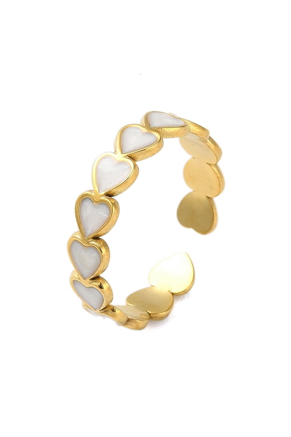Real 18K Gold Plated 304 Stainless Steel Enamel Cuff Rings Heart White Adjustable