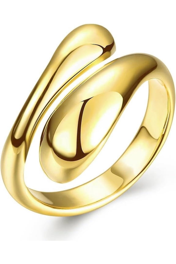 Real 18K Gold Plated Adjustable Brass Ring US Size 7 Teardrop Open Stackable Simple Statement Rings for Women & Men