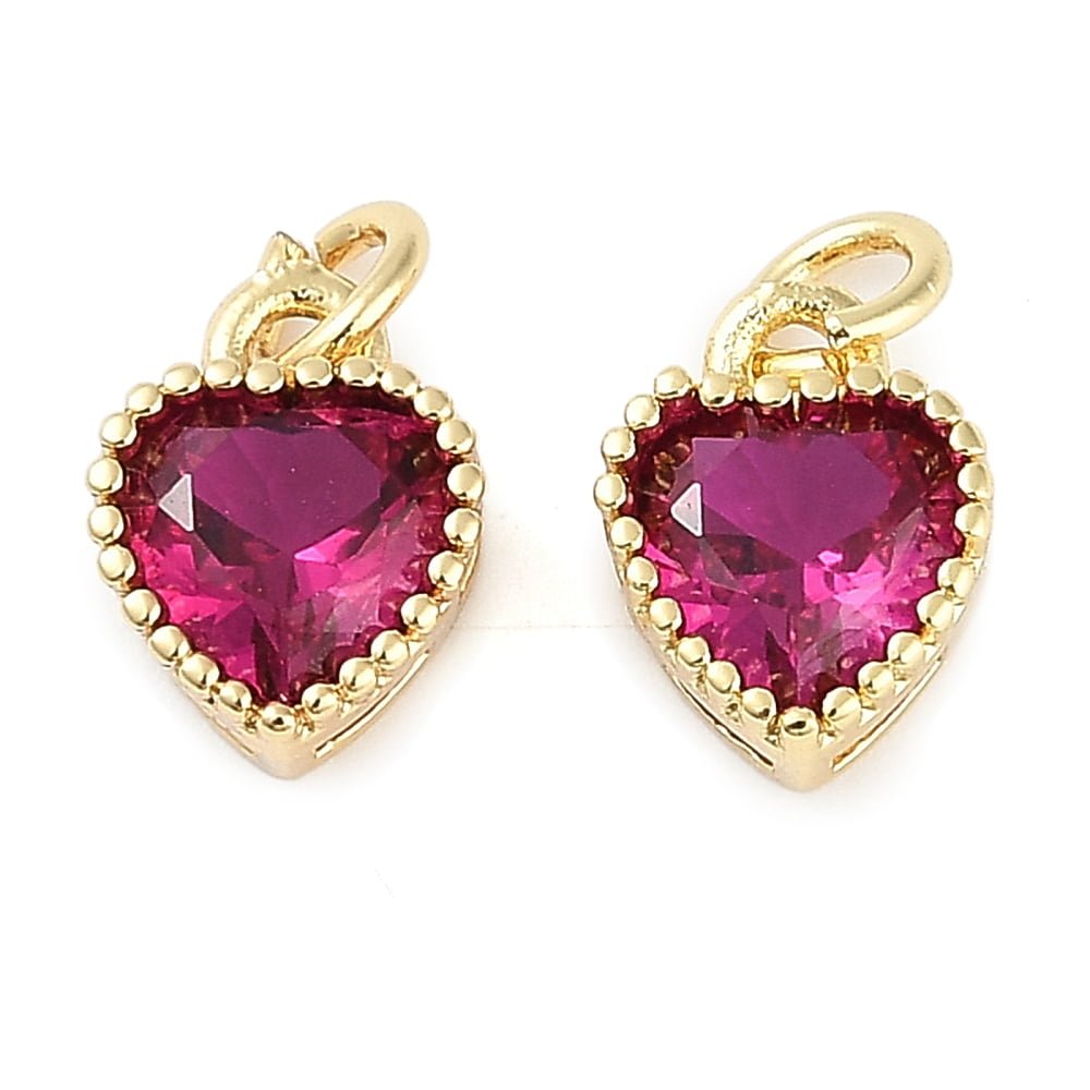 Real 18K Gold Plated Brass Inlaid Cubic Zirconia Charms with Jump Ring Long-Lasting Plated Heart Deep Pink 9.5x7x4mm Jump Ring: 4x0.5mm