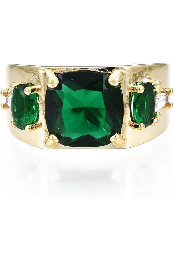 Real 18K Gold Plated Green Cubic Zirconia Rectangle Chunky Open Cuff Ring US Size 8 Inner Diameter 18.1mm for Women