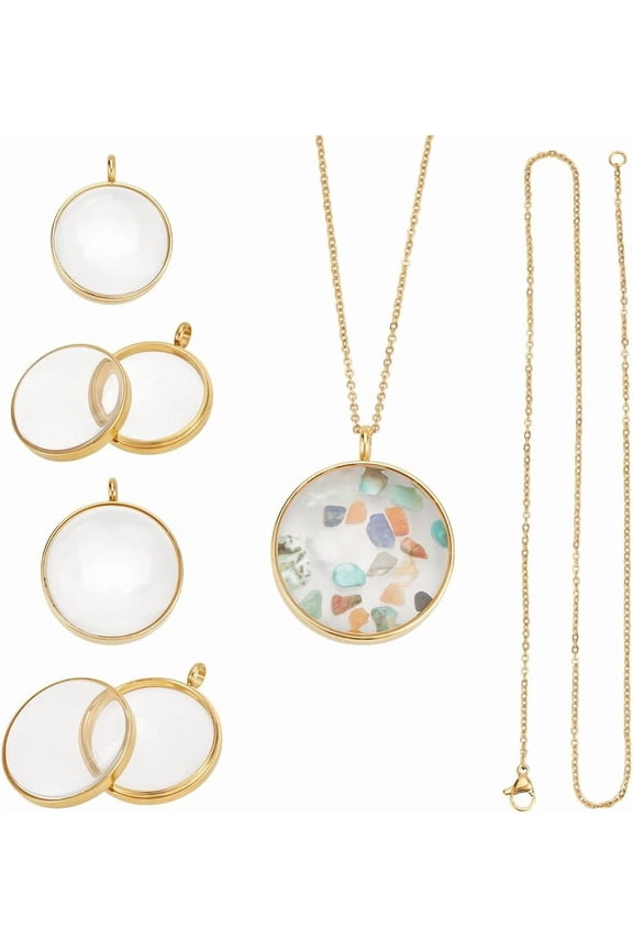 Real 18K Gold Plated Memory Locket Charm Stainless Steel Flat Round DIY Picture Photo Necklace Making Kit Locket Pendants Glass Floating Charm for Jewelry Making
