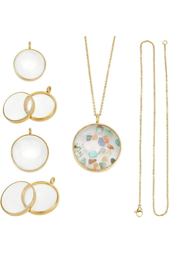 Real 18K Gold Plated Memory Locket Charm Stainless Steel Flat Round DIY Picture Photo Necklace Making Kit Locket Pendants Glass Floating Charm for Jewelry Making