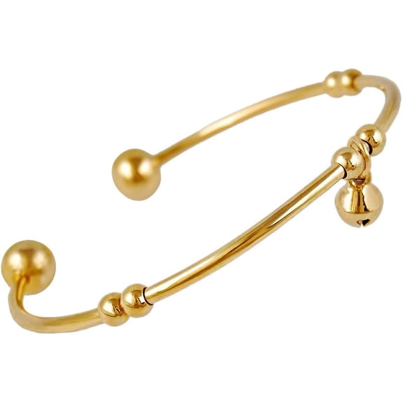 Real 18K Gold Plated Torque Cuff Bangle Brass Open Adjustable Bangle Bracelet with Small Bell Charm Jewelry Bracelet for Women Mom Wife Mothers Day Valentine Christmas