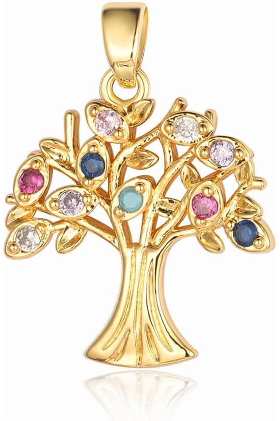 Real 18K Gold Plated Tree of Life Charm - Brass Cubic Colorful Zirconia - 23x21x3.1mm