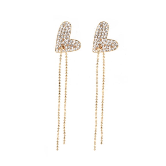 Real 18K golden Plated Heart with Long Tassel Stud Earrings Cubic Zirconia Earrings for Valentine's Day Nickel Free Clear 58x11.5mm Pin: 0.6mm