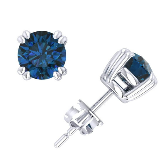 Real 1Ct Round Cut Blue Diamond Basket Stud Earrings 14k White Gold Double Prong I2